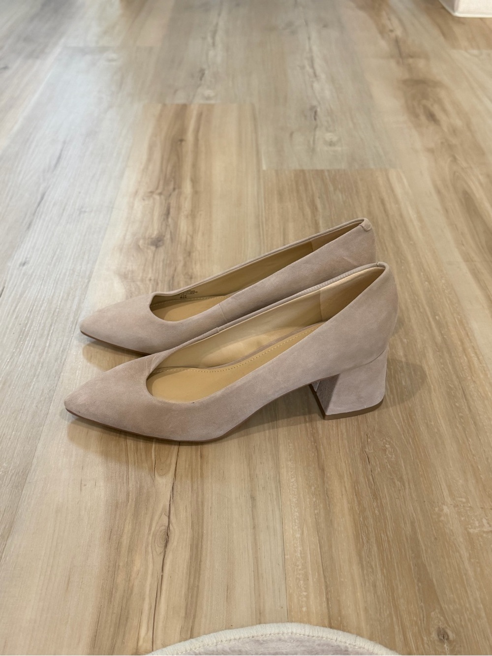 Classic Pointed-Toe Block Heel Pumps in Light Taupe